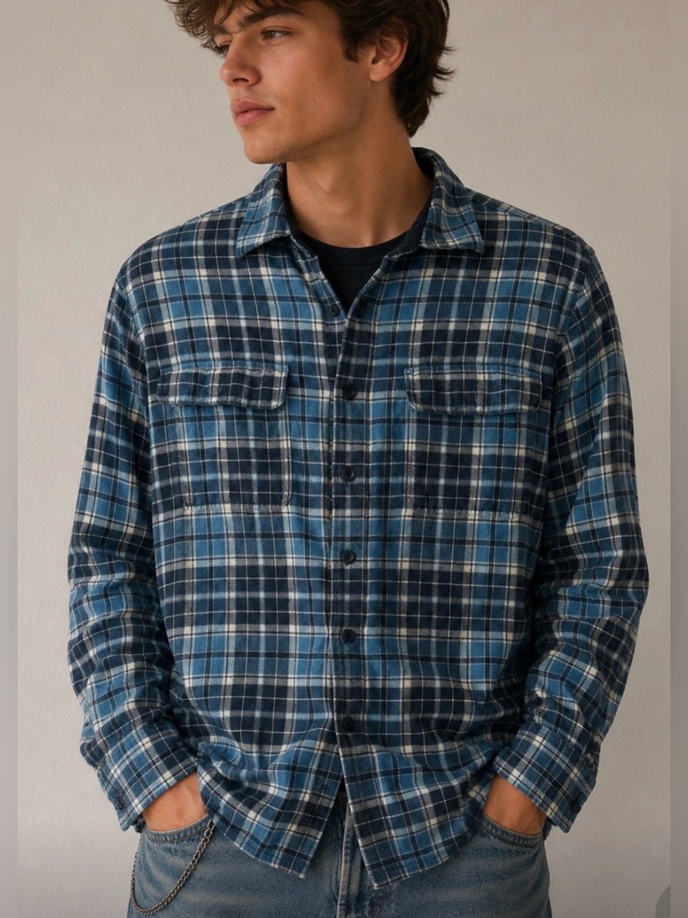 L.L.Bean Fleece Lined Plaid Flannel Shirt Jacket Blue L Tall Traditional Fit